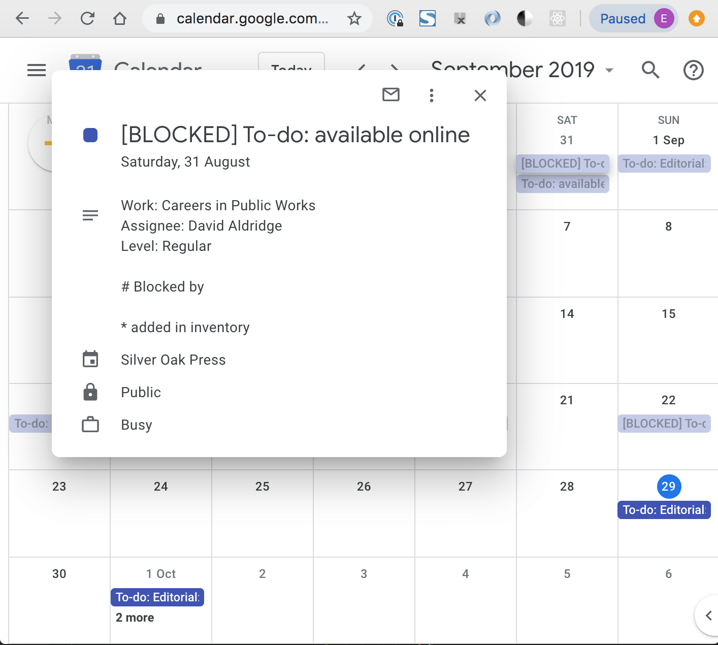 Screenshot of a Google calendar, showing data fed from Consonance.