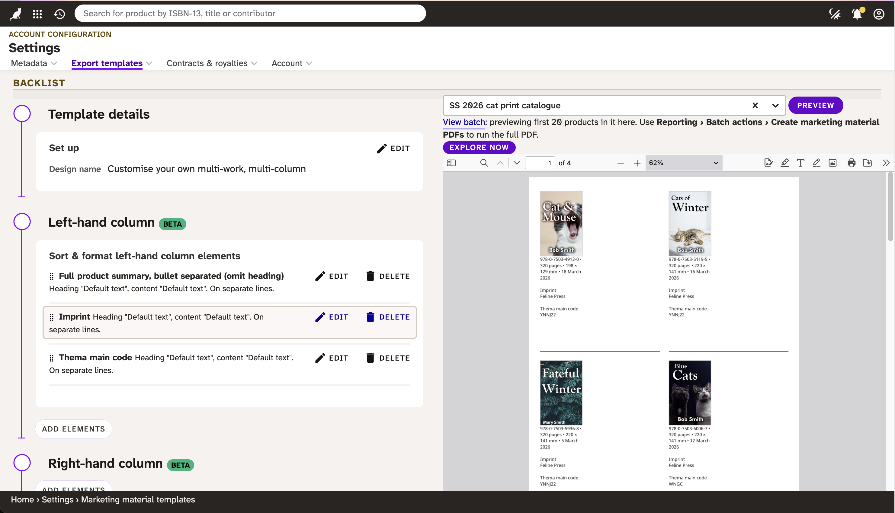 Consonance template page: data entry on the left with three data elements selected, and a rendered PDF on the right with four entries, including covers.