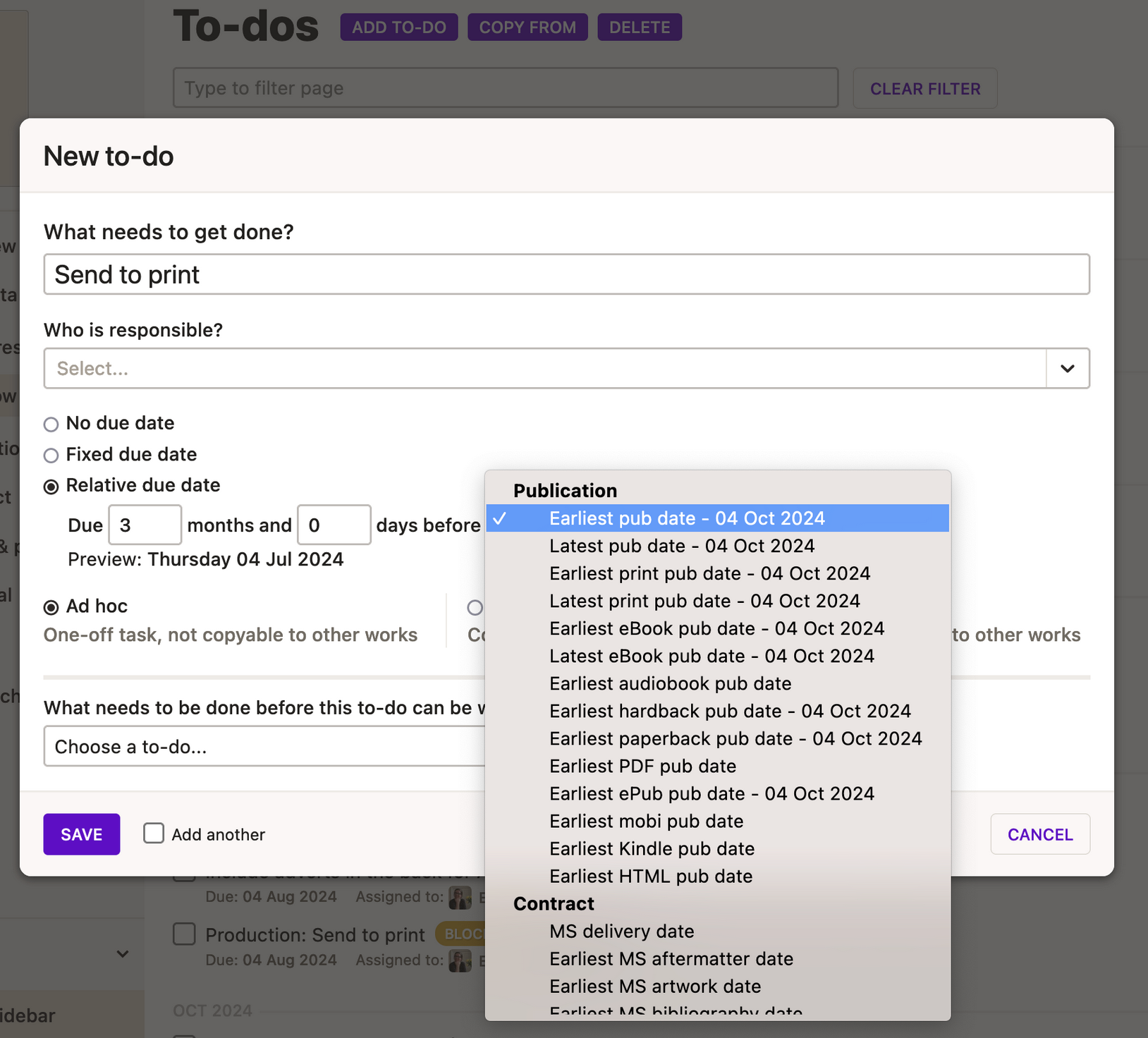 Screenshot of the edit form for a to-do. A dropdown contains real dates from elsewhere in the system, such as publication date and MS delivery date.