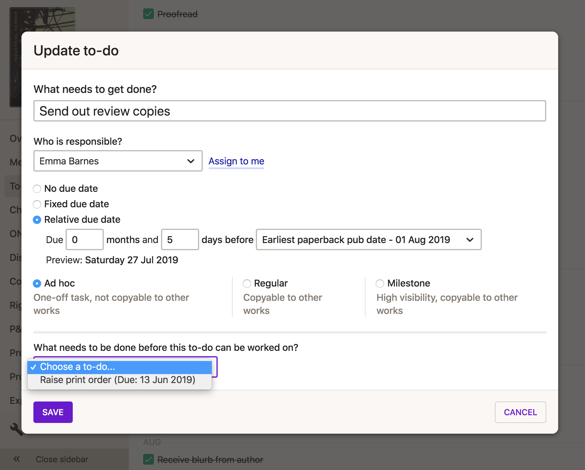 Making to dos, relative to other publication and contract dates, in Consonance.